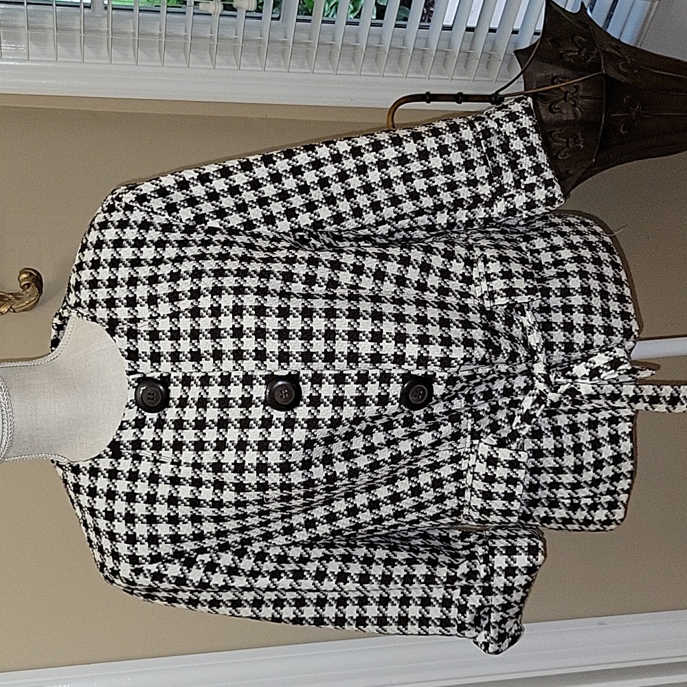 Signature Larry Levine brown white houndstooth jacket tie waist buttons 12 EUC…